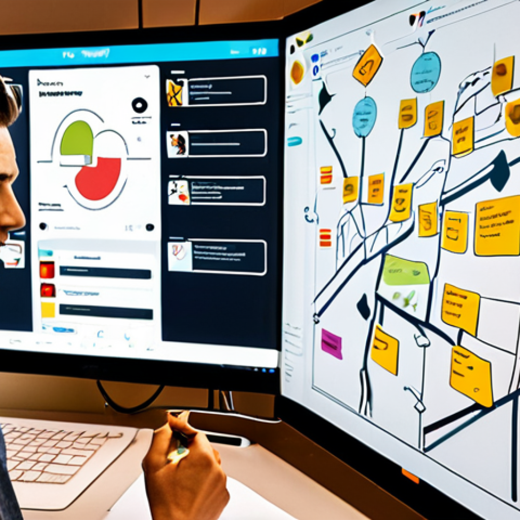 **

A brightly lit UX design studio with designers collaborating around a large screen displaying a user journey map for a restaurant booking app. The map is visualized with sticky notes, flowcharts, and sketches. In the foreground, a designer is sketching a persona of "Marco," a young professional. The overall atmosphere is energetic and focused on user empathy. Italian design aesthetic.

**