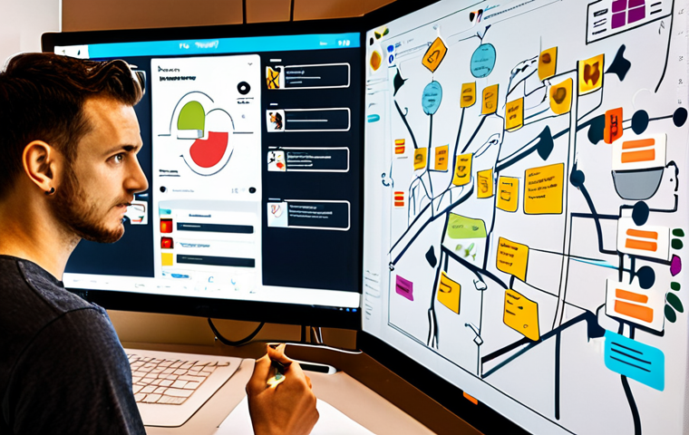**
A brightly lit UX design studio with designers collaborating around a large screen displaying a user journey map for a restaurant booking app. The map is visualized with sticky notes, flowcharts, and sketches. In the foreground, a designer is sketching a persona of "Marco," a young professional. The overall atmosphere is energetic and focused on user empathy. Italian design aesthetic.
**
