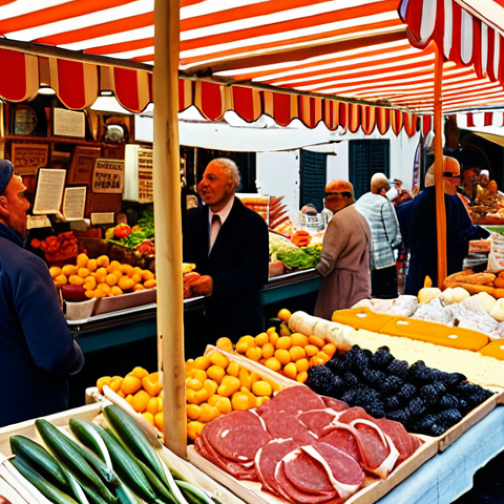 **

"A bustling Italian marketplace scene, overflowing with fresh produce, cheeses, and cured meats.  Vendors are passionately engaging with customers in lively conversation.  The focus is on sensory details: vibrant colors, rich textures, and the expressions of the people.  Morning light filters through a striped awning."

**