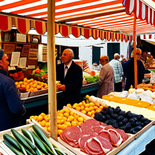 **

"A bustling Italian marketplace scene, overflowing with fresh produce, cheeses, and cured meats.  Vendors are passionately engaging with customers in lively conversation.  The focus is on sensory details: vibrant colors, rich textures, and the expressions of the people.  Morning light filters through a striped awning."

**