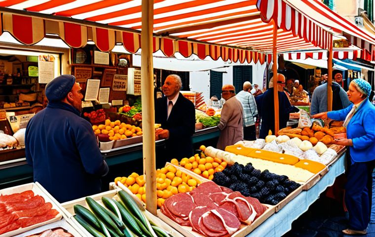 **
"A bustling Italian marketplace scene, overflowing with fresh produce, cheeses, and cured meats. Vendors are passionately engaging with customers in lively conversation. The focus is on sensory details: vibrant colors, rich textures, and the expressions of the people. Morning light filters through a striped awning."
**