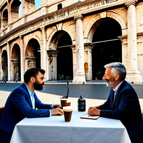 User-Centered Design in Rome**

"A diverse group of professionals collaborating on UX design, brainstorming around a table at a cafe in Rome with the Colosseum subtly visible in the background, fully clothed, appropriate attire, safe for work, perfect anatomy, natural proportions, professional, family-friendly, showcasing empathy and user understanding."

**