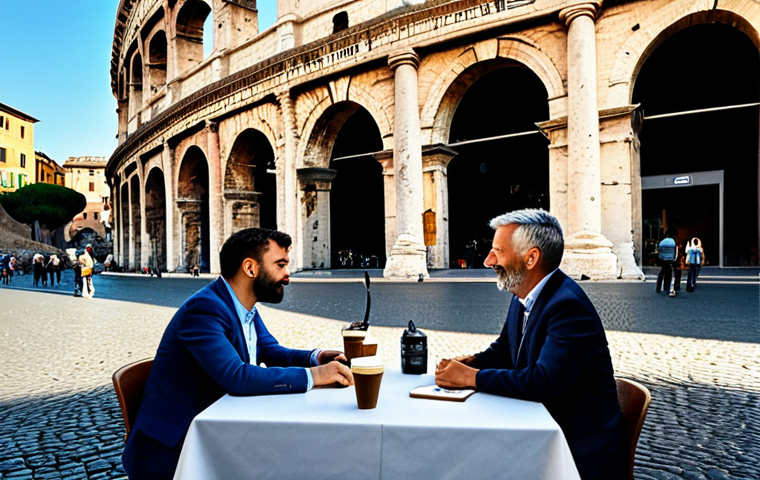 User-Centered Design in Rome**
"A diverse group of professionals collaborating on UX design, brainstorming around a table at a cafe in Rome with the Colosseum subtly visible in the background, fully clothed, appropriate attire, safe for work, perfect anatomy, natural proportions, professional, family-friendly, showcasing empathy and user understanding."
**