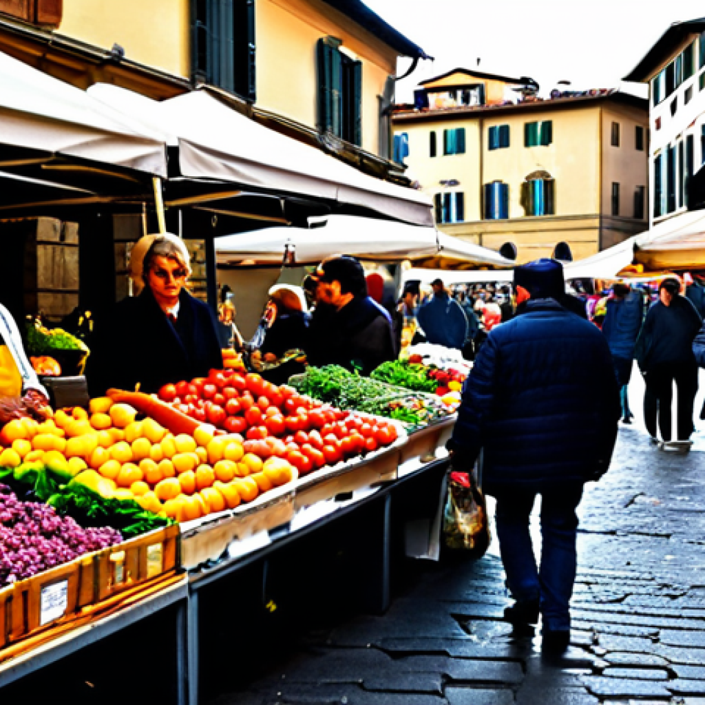 A bustling Italian marketplace**
A vibrant marketplace scene in Florence, Italy. Vendors are selling fresh produce, flowers, and local crafts. Shoppers are browsing the stalls, chatting, and enjoying the lively atmosphere. Capture the warm colors of the Tuscan sun, the aroma of fresh food, and the energy of the market. Everyone is fully clothed in appropriate, everyday attire. Safe for work, appropriate content, family-friendly, professional photography, perfect anatomy, natural proportions.
**
