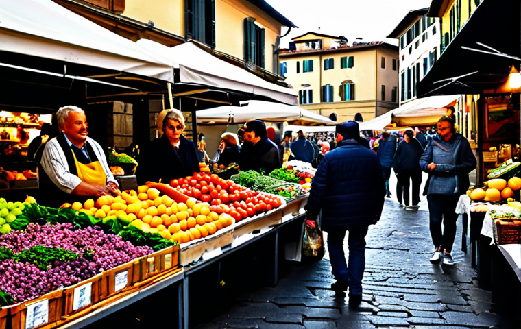 A bustling Italian marketplace**
A vibrant marketplace scene in Florence, Italy. Vendors are selling fresh produce, flowers, and local crafts. Shoppers are browsing the stalls, chatting, and enjoying the lively atmosphere. Capture the warm colors of the Tuscan sun, the aroma of fresh food, and the energy of the market. Everyone is fully clothed in appropriate, everyday attire. Safe for work, appropriate content, family-friendly, professional photography, perfect anatomy, natural proportions.
**