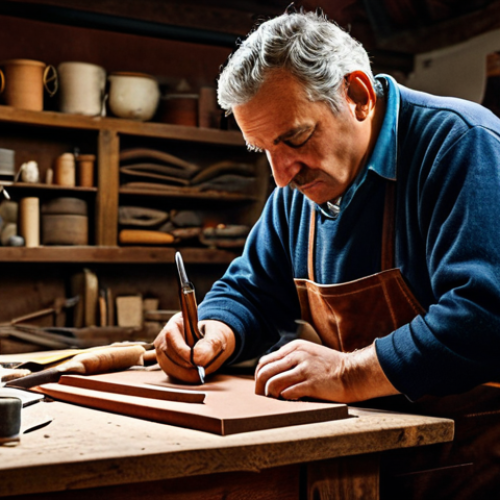 Artisan at Work**

"A skilled artisan in a traditional Italian workshop, crafting leather goods, fully clothed, appropriate attire, safe for work, perfect anatomy, natural proportions, warm lighting, detailed tools and materials, professional, family-friendly."

**